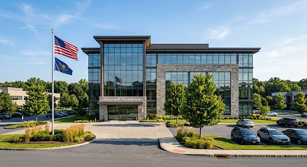 Modern glass office building with stone accents, two flags, and parked cars in front.