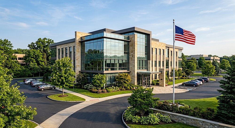Modern office building with glass фасade, landscaped driveway, and large American flag at sunset