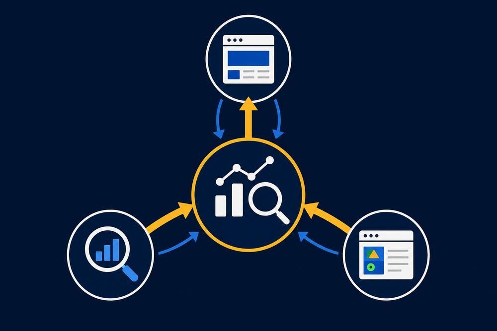 Analytics dashboard icons connected around a central magnifying glass on a dark blue background