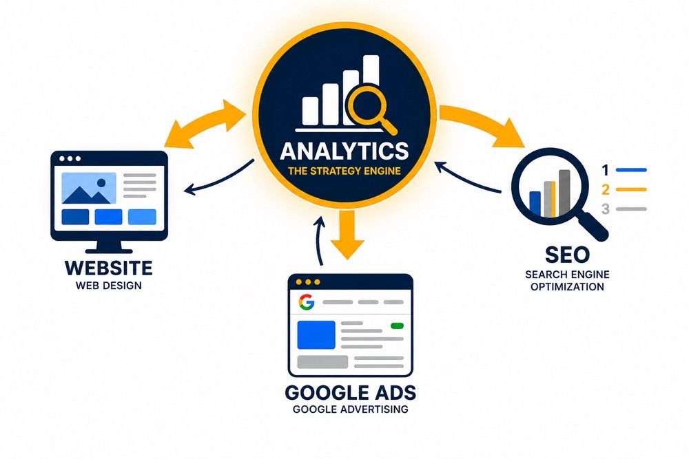 Analytics hub connecting website, Google Ads, and SEO with circular arrows and yellow accents