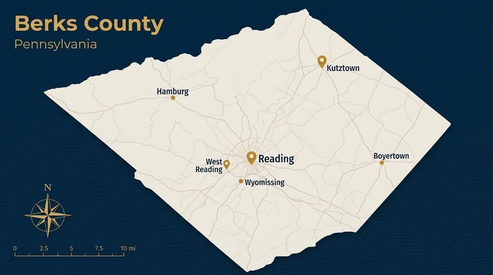 Map of Berks County, Pennsylvania with labeled towns and a highlighted outline on a dark blue background.