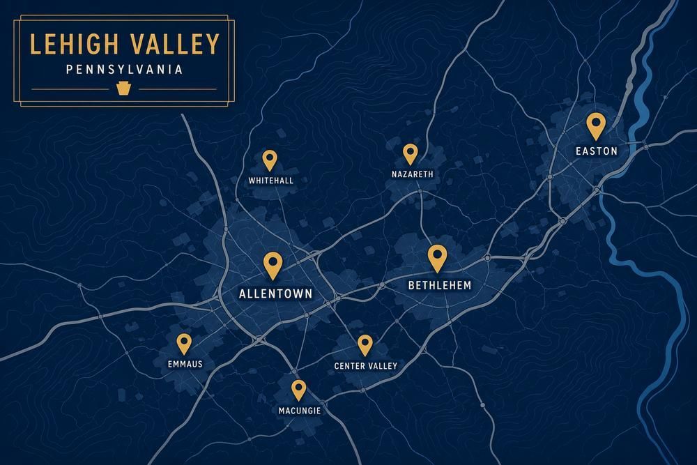 Dark blue map of Lehigh Valley, Pennsylvania with labeled city markers and routes