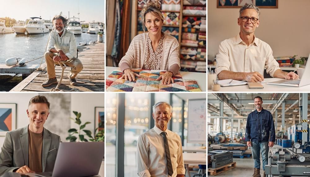 Collage of six people working in bright offices, cafés, and a marina, using laptops and holding papers