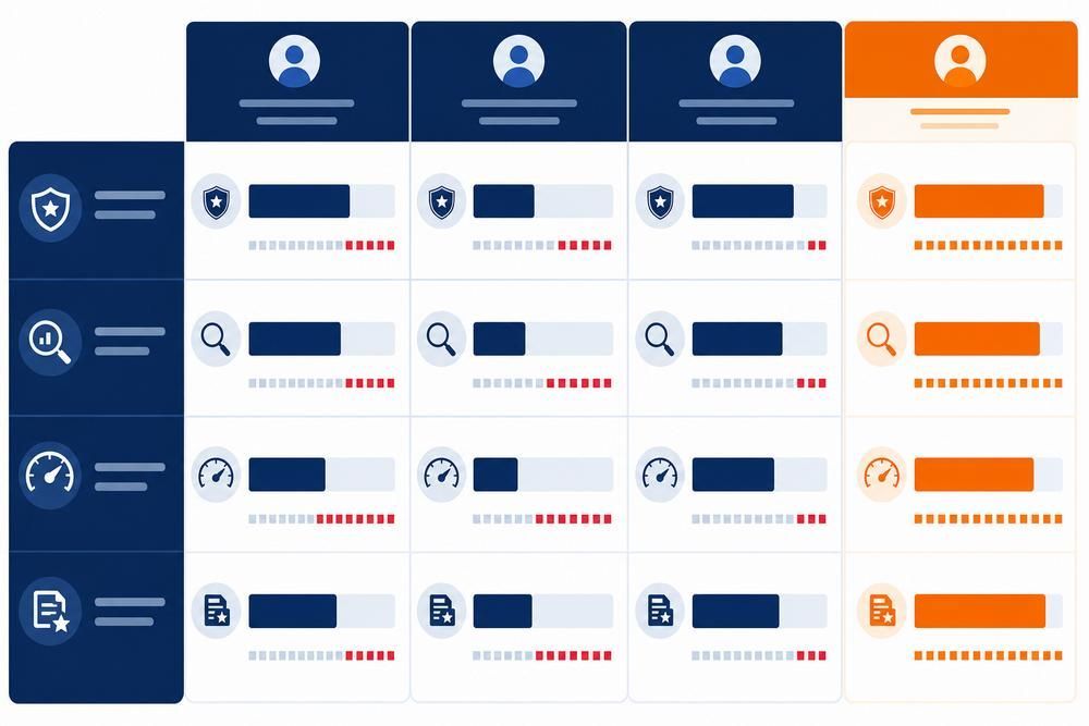 Grid of four profile dashboard cards in blue and orange with icons and progress bars