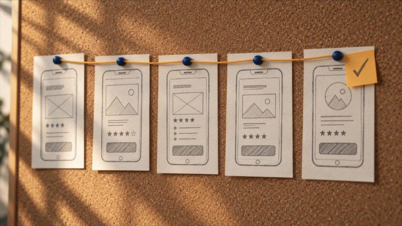 Paper phone wireframes pinned in sequence on a cork board, planning a conversion-focused web page