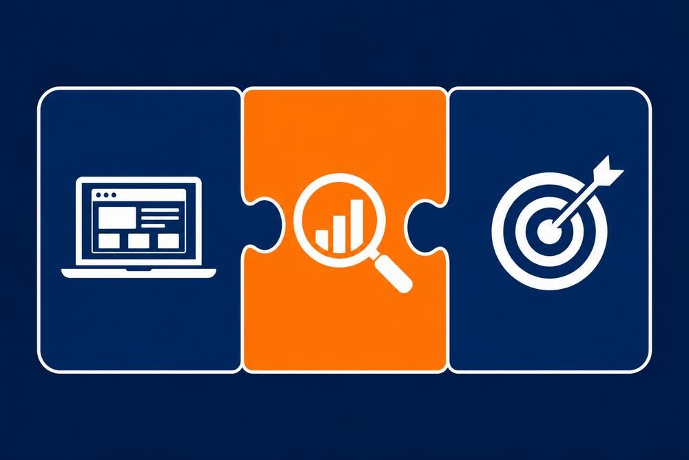 Three-panel blue and orange graphic with a laptop, search chart, and target icons