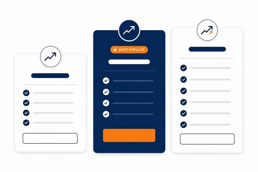 Three mobile app mockups on a white background, with checklist items and orange and blue accents.