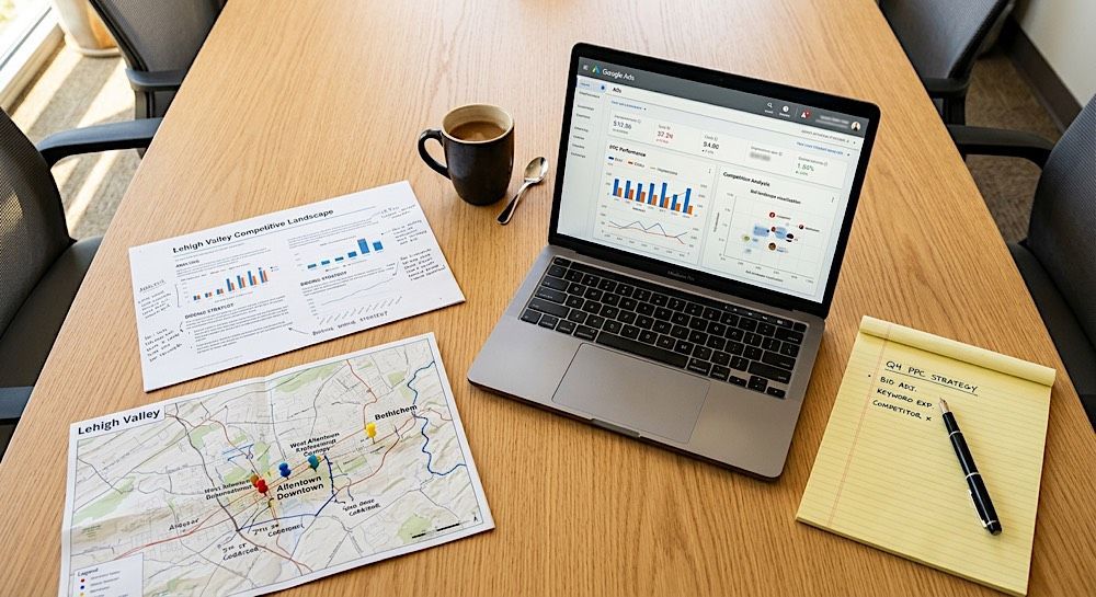 Desk with laptop, maps, notes, mug, and pen on a wooden table during planning work.