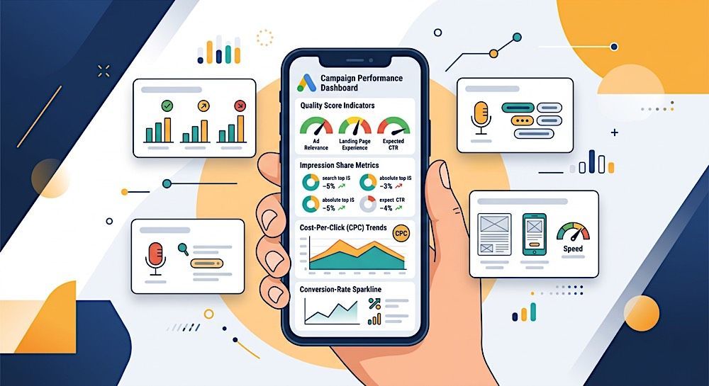Hand holding smartphone with analytics dashboard, surrounded by floating business charts and icons