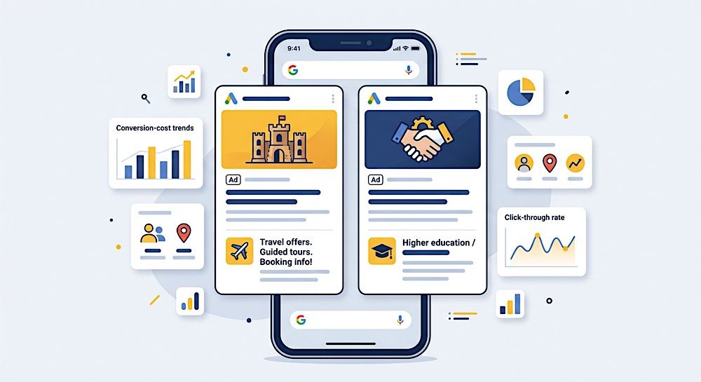 Mobile app dashboard with analytics cards, charts, and collaboration icons on a white background