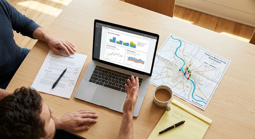 Three people around a laptop reviewing charts and a map at a wooden table with coffee and notebooks