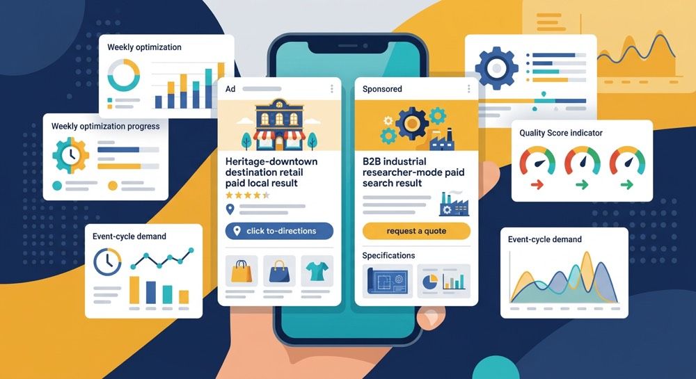 Dashboard analytics cards on a smartphone, with colorful charts and graphs around it