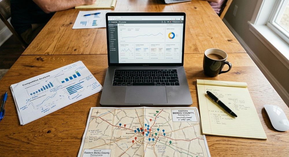 Wooden desk with laptop, maps, charts, notebook, pen, and coffee mug for trip planning