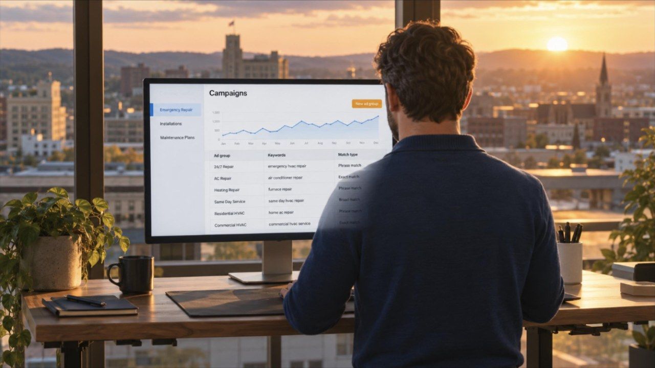 Business owner at an Allentown office monitor reviewing a Google Ads campaign structure by ad group