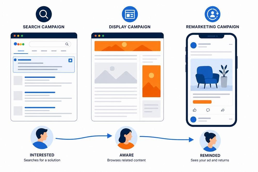 Three-step marketing funnel infographic: search, display, and remarketing ads with arrows and user icons