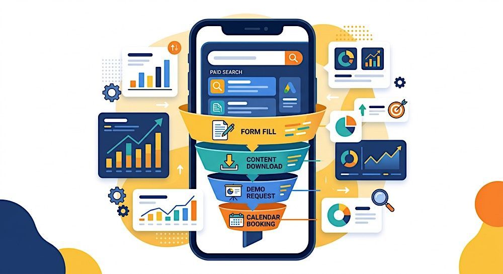 Smartphone dashboard with analytics charts, app icons, and colorful data graphics around it.