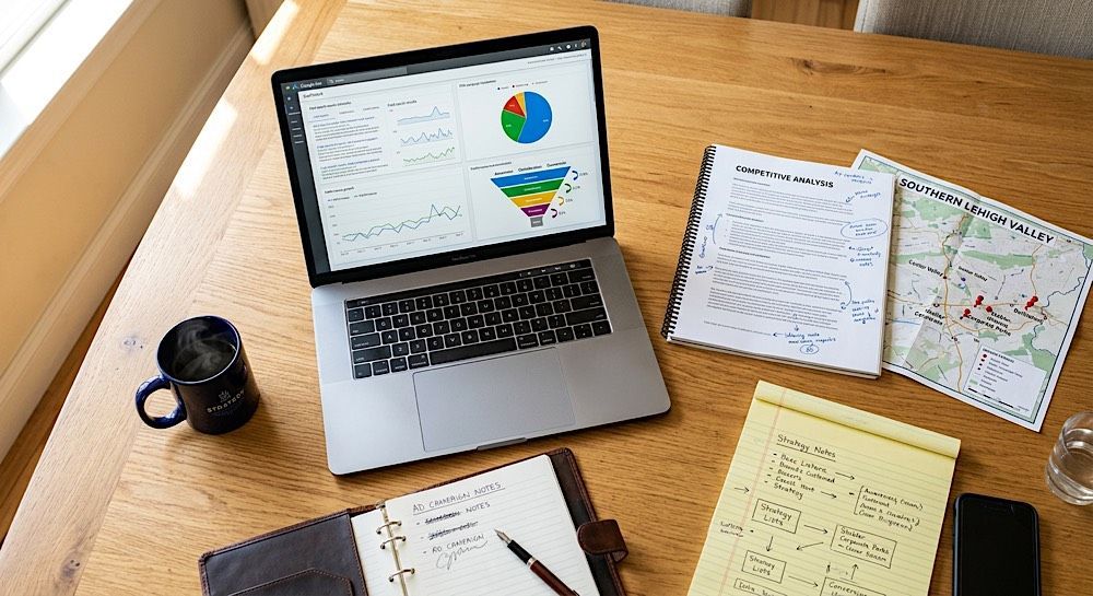 Laptop with charts and notes on a wooden desk, alongside an open notebook, planner, coffee mug, and papers.