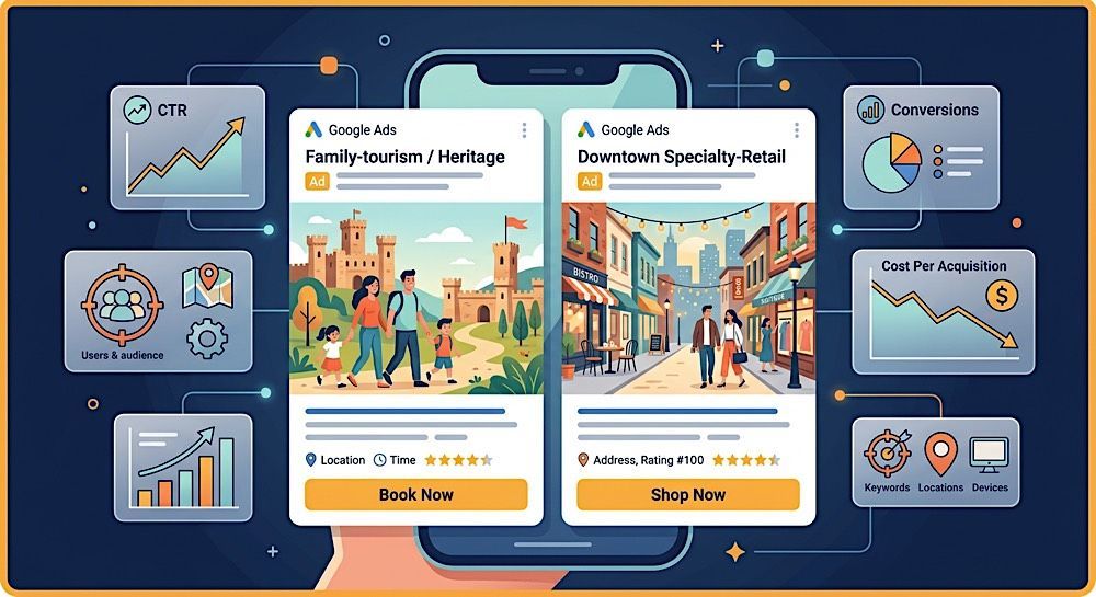 Dark blue travel app dashboard with a phone showing trip cards, city scenes, charts, and orange booking buttons