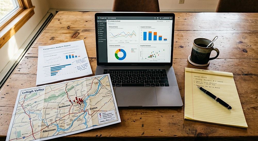 Laptop on wooden desk with maps, charts, notebook, pen, and coffee mug for planning work