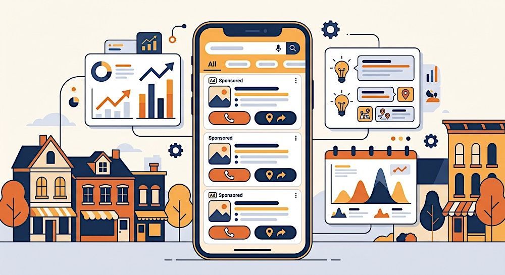 Stylized dashboard with smartphone analytics, charts, and floating UI panels in orange and blue