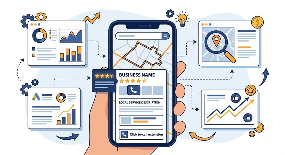 Mobile analytics dashboard with charts, graphs, and reports in blue and orange on a white background