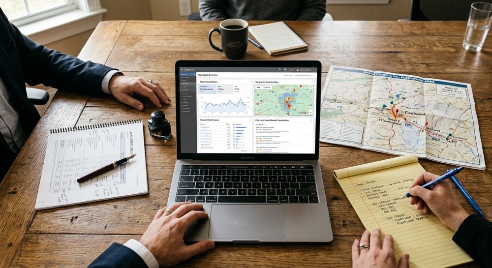 People collaborating at a wooden table with laptop, maps, notebooks, and a coffee mug.