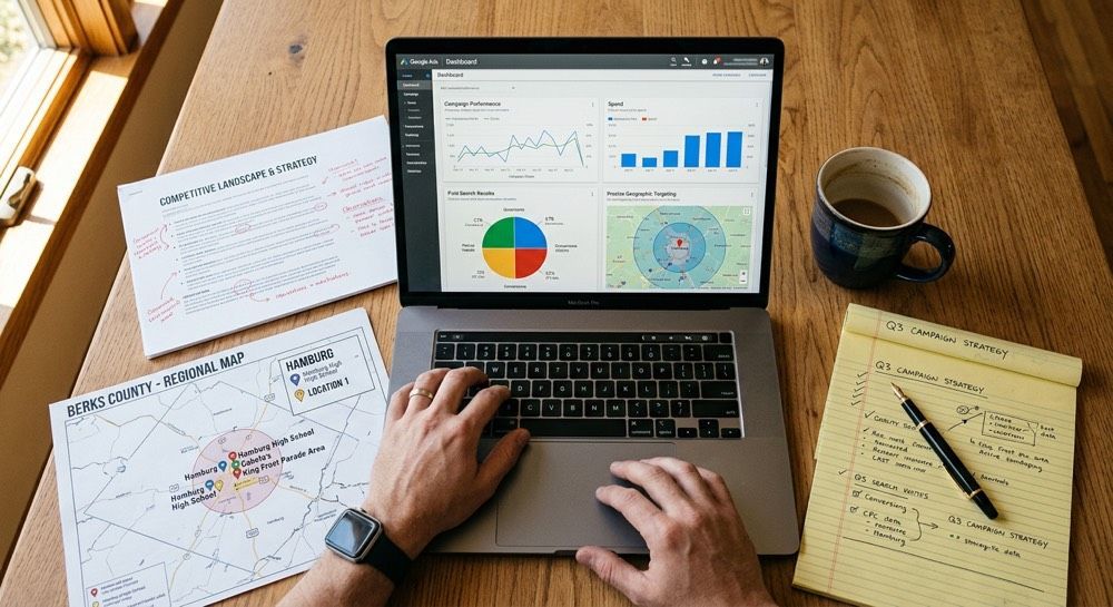 Hands on laptop showing colorful charts and graphs on a wooden desk with notes, coffee, and a notebook