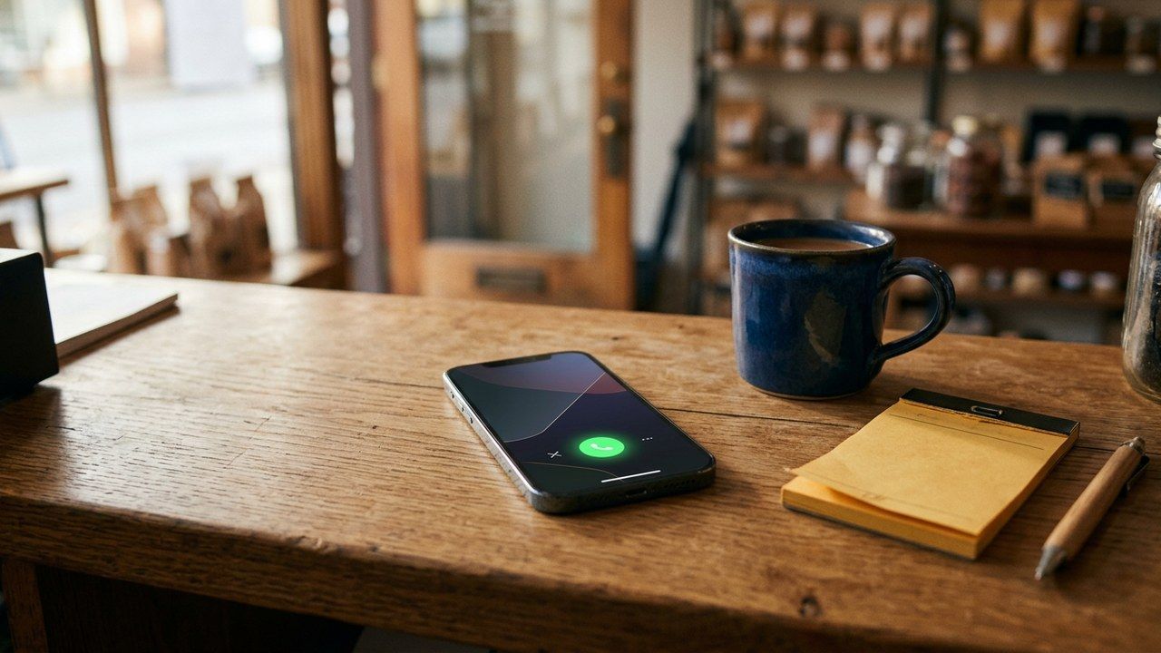 Smartphone on a local business counter lighting up with an incoming Google Ads lead call, Reading PA