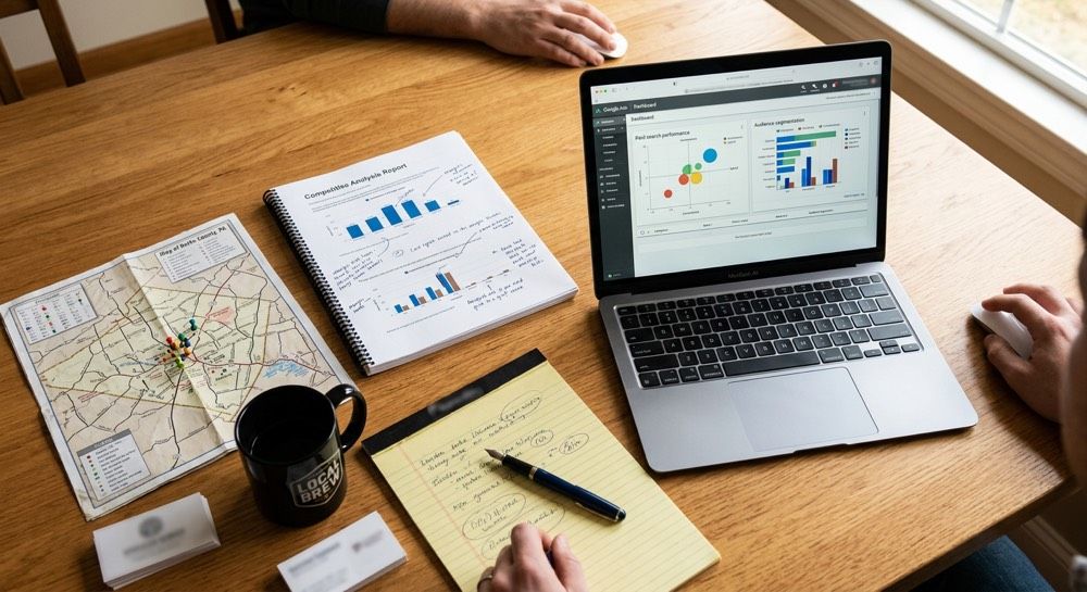 Tabletop workspace with laptop, printed charts, maps, notebook, and coffee mugs during planning meeting