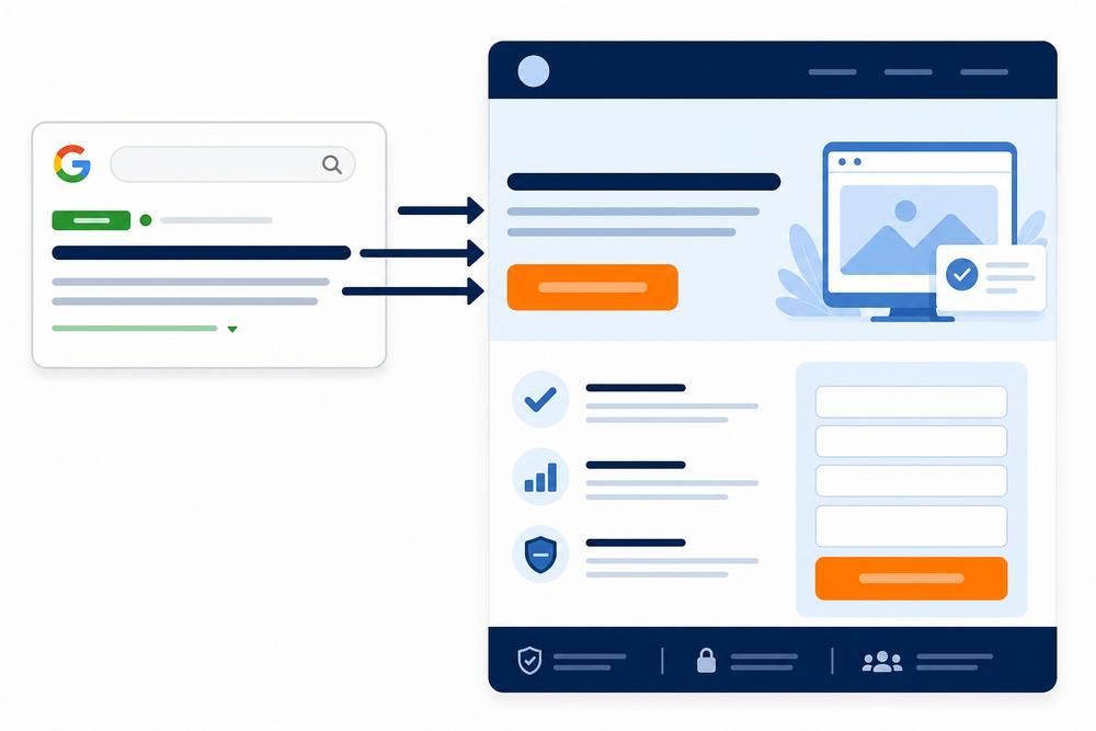 Search results flowing into a blue website mockup dashboard with orange buttons and charts