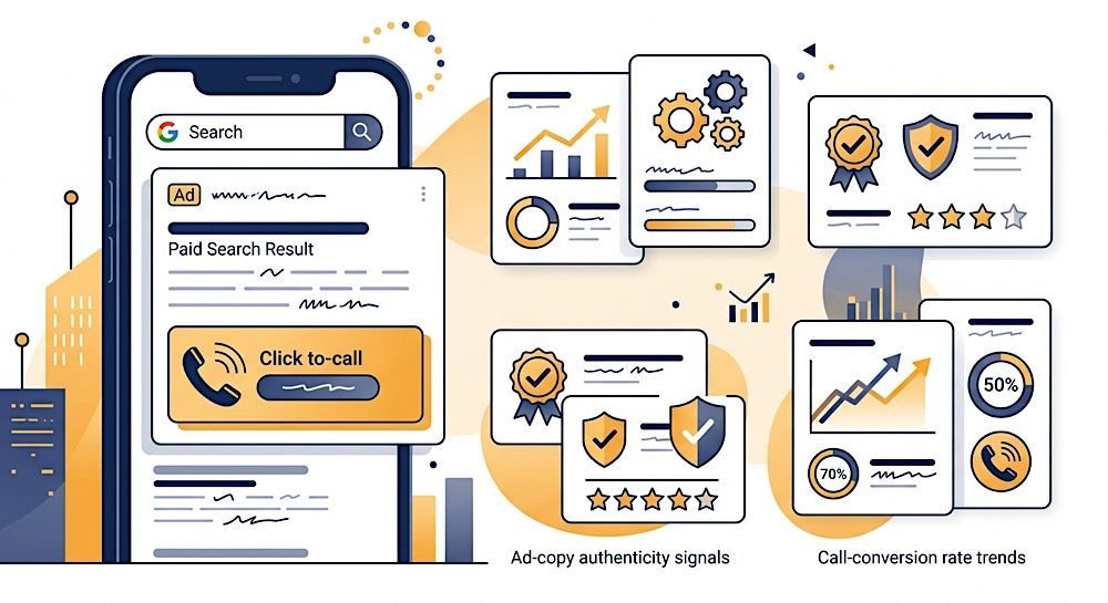 Tablet and dashboard cards with charts, shields, stars, and checkmarks in orange and blue theme