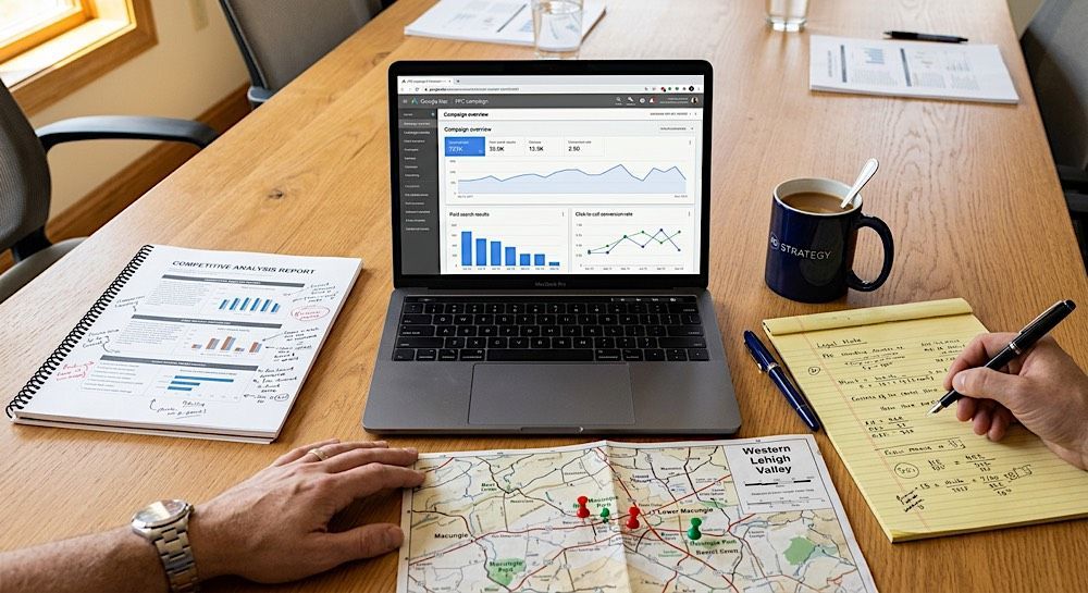 Team reviewing travel plans at a table with laptop, notebook, map, and coffee mug