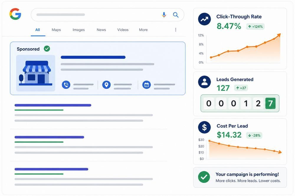 Analytics dashboard with graphs, KPIs, and a storefront icon on a white interface