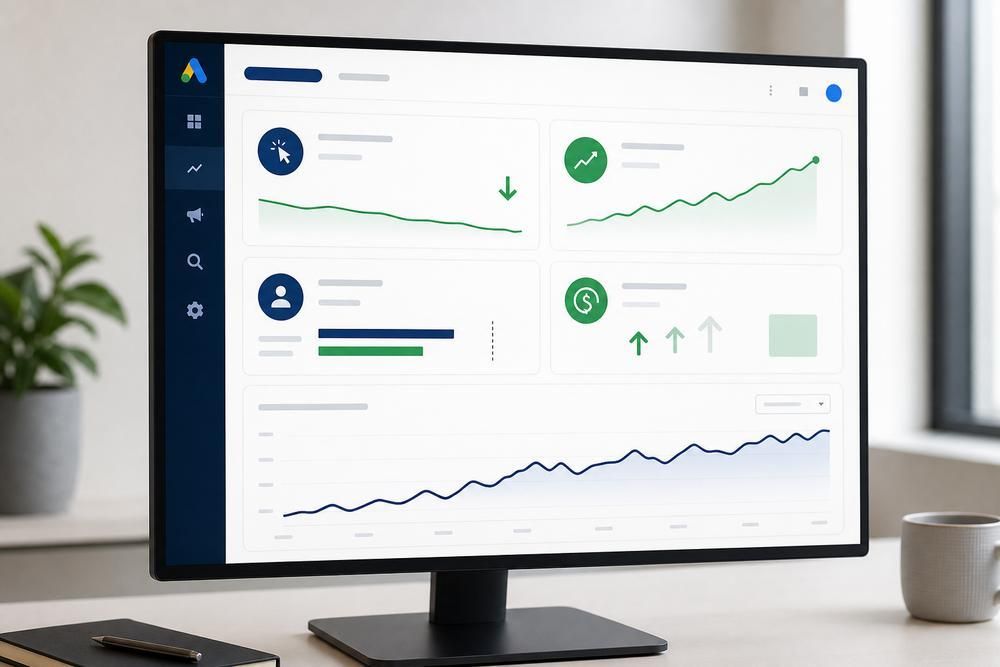 Desktop monitor displaying a clean analytics dashboard with charts, graphs, and green trend lines
