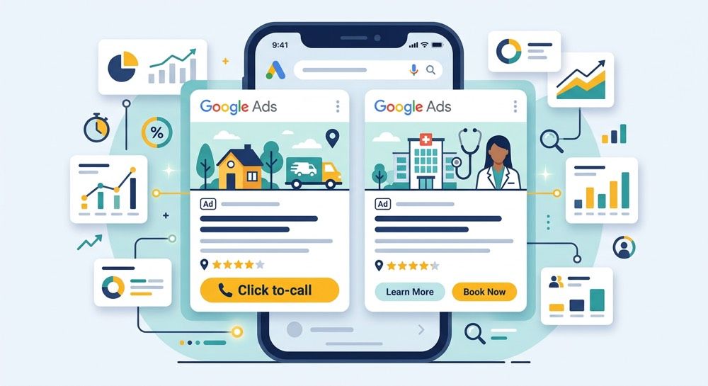 Two Google Ads-style profile cards on a phone, with charts and call-to-action icons around them