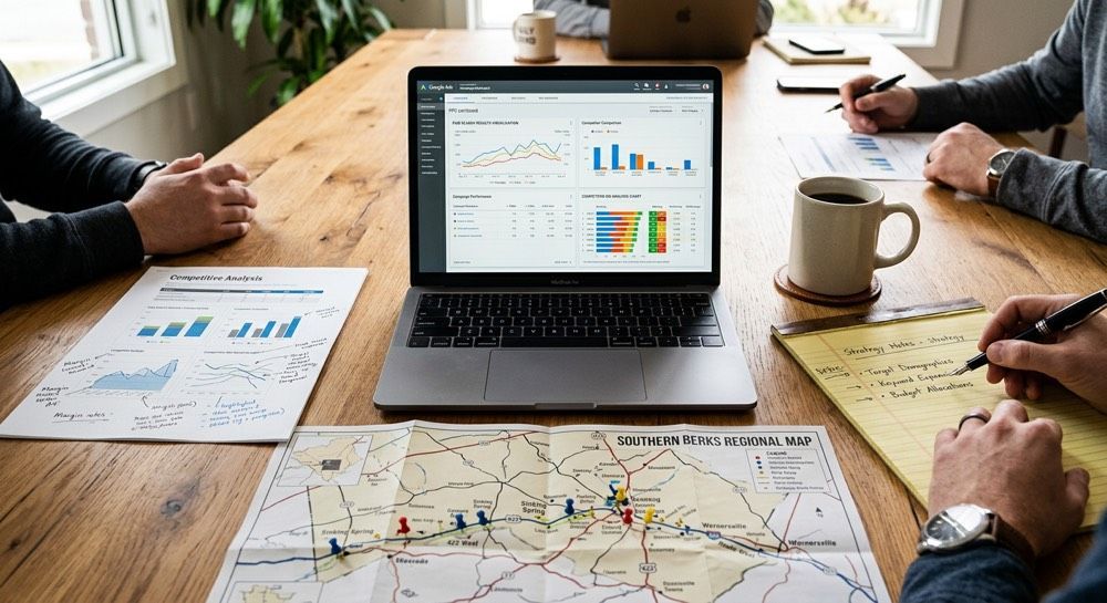 Team meeting around a table with charts, maps, and a laptop displaying analytics dashboards