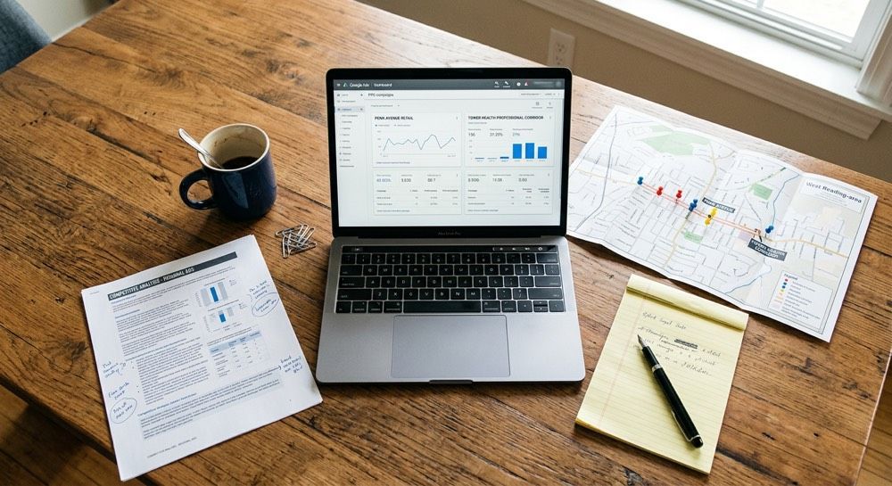 Laptop on a wooden desk with printed charts, a coffee mug, and a notepad in a bright workspace.