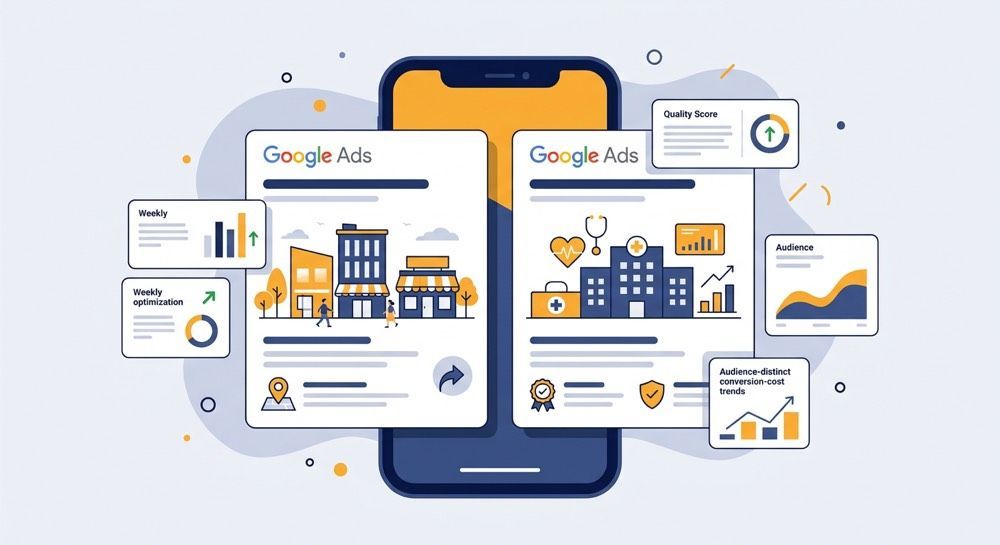Google Ads dashboard on a smartphone with analytics cards, charts, and storefront icons on a light background