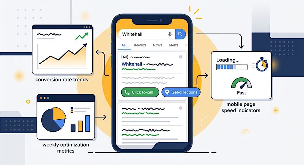 Mobile app dashboard with analytics charts, call buttons, and a loading progress widget on a white background