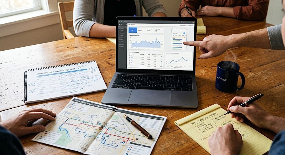 Team meeting around a wooden table with a laptop showing charts, papers, notebooks, and coffee mugs