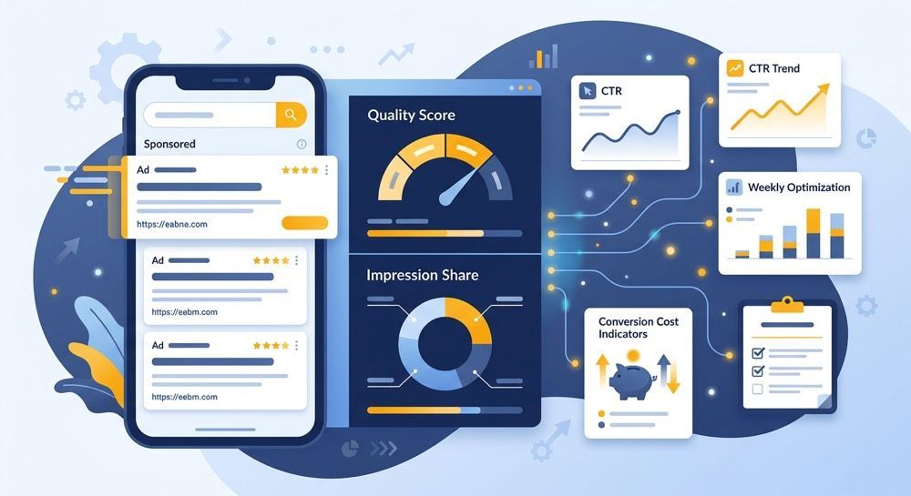 Blue analytics dashboard with charts, gauges, and mobile app screens showing performance metrics