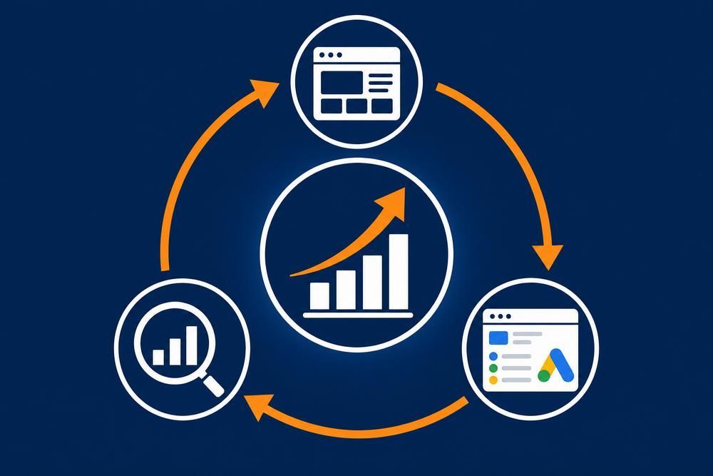 Analytics dashboard icons linked in a circular flow around a central rising bar chart on a blue background