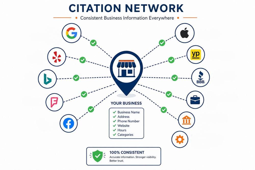 Citation network infographic showing a central business icon linked to multiple search, review, and social icons.