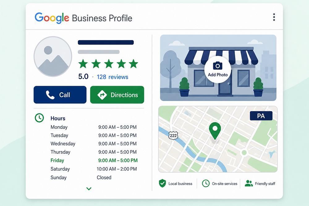 Google Business Profile mockup with ratings, call and directions buttons, hours, storefront, and map pin