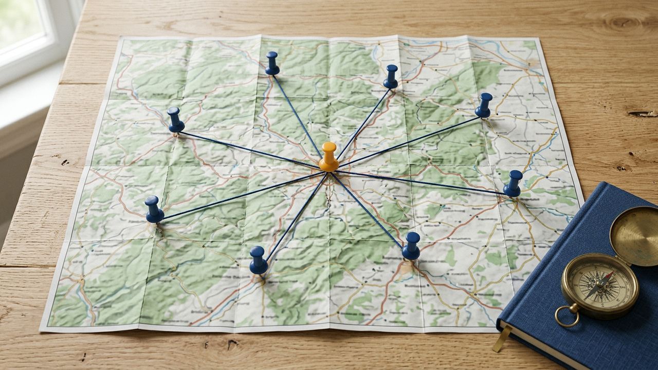 Overhead view of a paper road map with navy and saffron pushpins marking service towns, showing a local SEO strategy plan