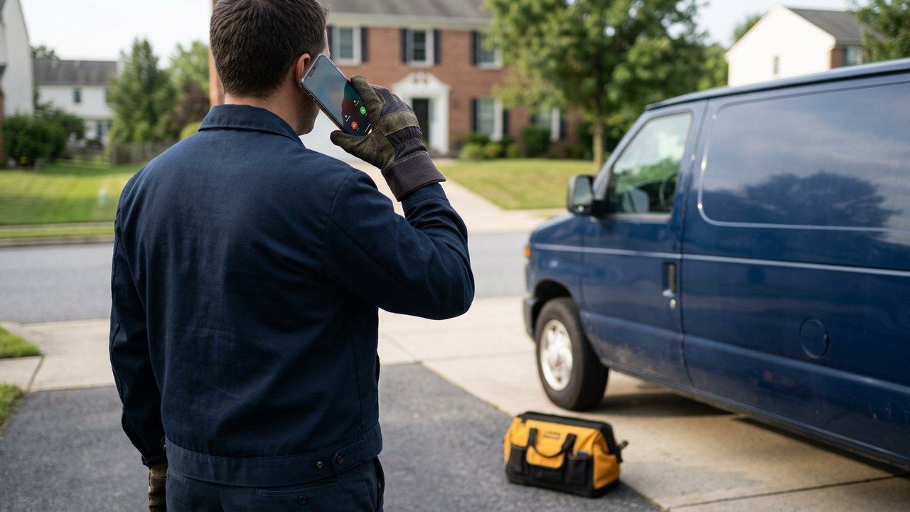 Tradesperson beside an unmarked navy service van answering a phone lead from Local Services Ads outside a Pennsylvania home