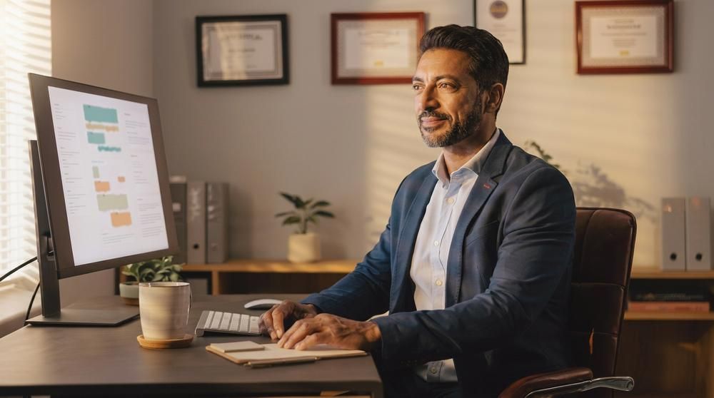 Man working at a desk with a desktop computer in a bright office, smiling while typing