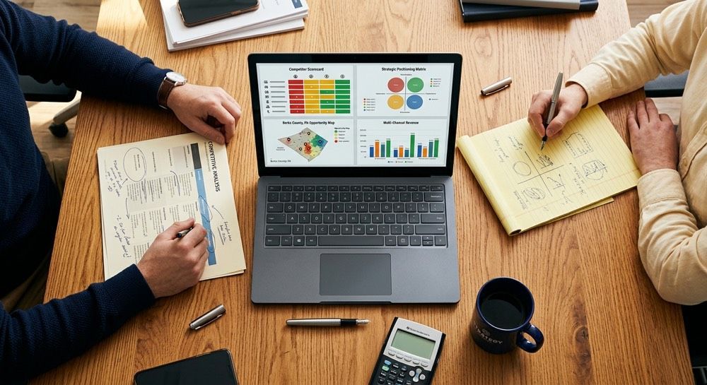 Hands collaborating around a laptop with charts, notebooks, coffee, and calculator on a wooden desk
