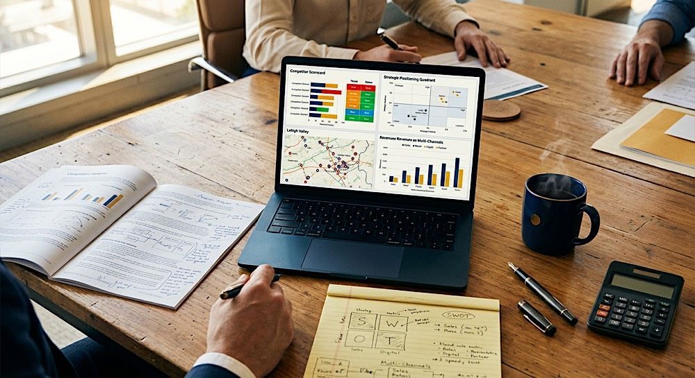 Team meeting at a wooden table with a laptop showing charts, notebooks, pens, and a calculator