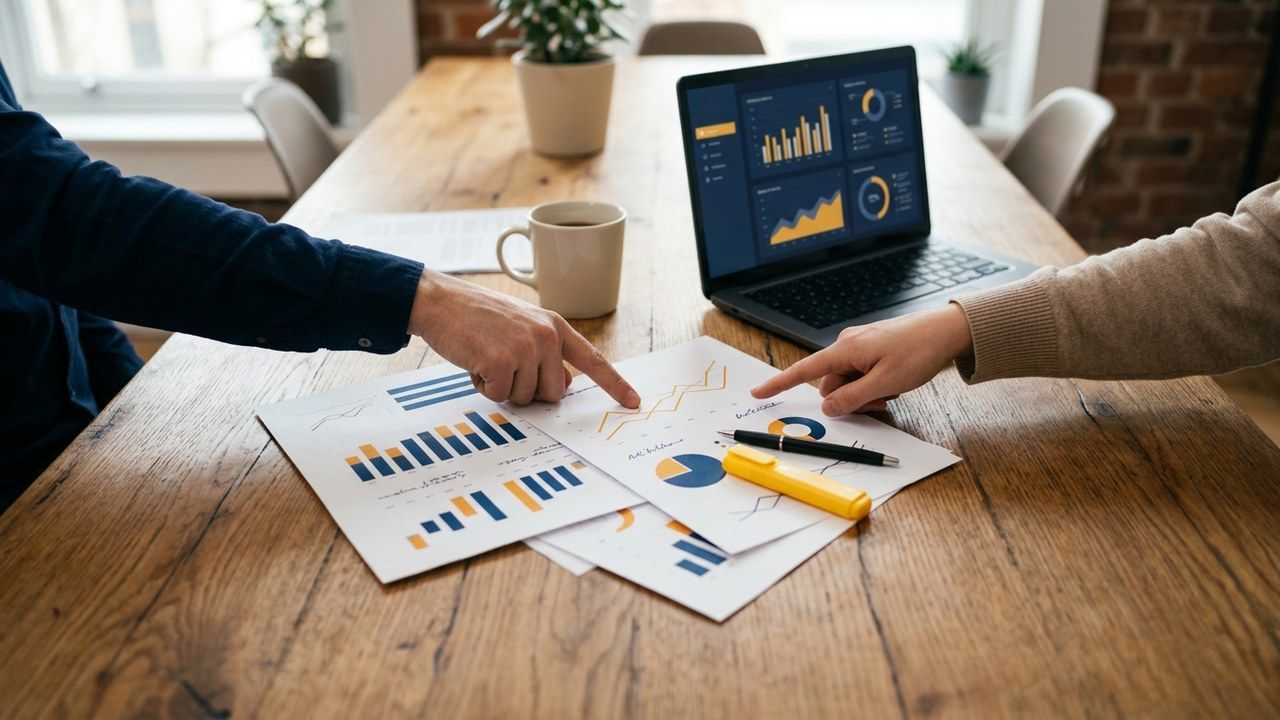 Printed marketing analytics reports and a laptop dashboard on a table for a small business review